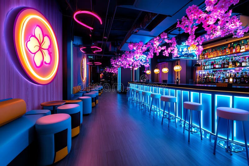 Neon color nightclub with vibrant decorations and glowing drinks, illustrated in a scene where a nightclub features neon-colored vector illustration