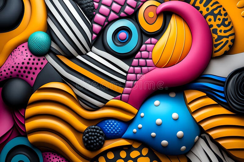 Neon color patterns with stripes and abstract shapes, depicted in an artwork where patterns feature neon-colored stripes and royalty free illustration