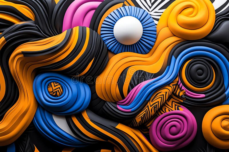 Neon color patterns with stripes and abstract shapes, depicted in an artwork where patterns feature neon-colored stripes and stock illustration