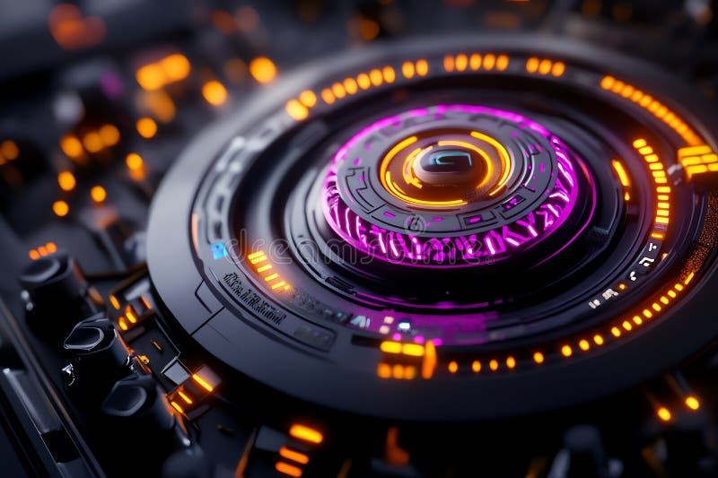 Neon color technology with glowing effects and futuristic interfaces, depicted in an artwork where futuristic technology is royalty free illustration