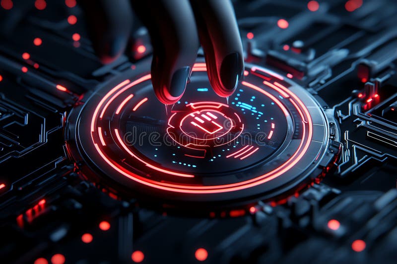 Neon color technology with glowing effects and futuristic interfaces, depicted in an artwork where futuristic technology is royalty free illustration