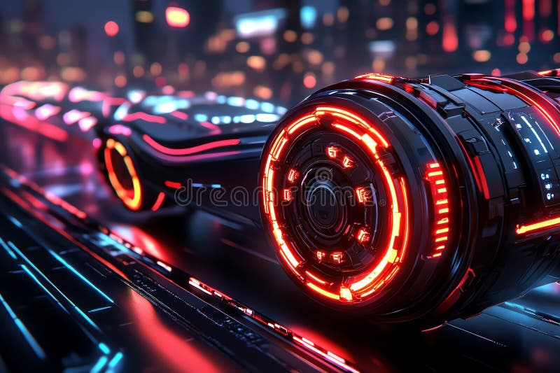 Neon color technology with glowing interfaces and futuristic designs, depicted in an artwork where futuristic technology is stock illustration
