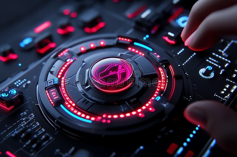 Neon color technology with glowing interfaces and futuristic designs, depicted in an artwork where futuristic technology is royalty free illustration