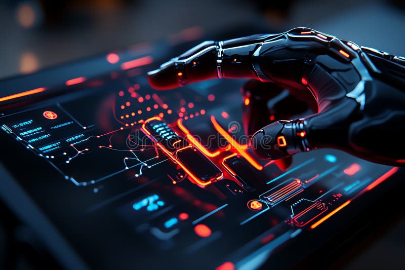 Neon color technology with glowing interfaces and vibrant graphics, depicted in an artwork where futuristic technology is royalty free illustration