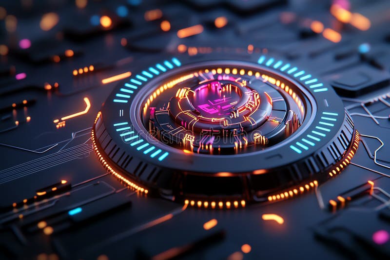 Neon color technology with glowing interfaces and vibrant graphics, depicted in an artwork where futuristic technology is royalty free illustration