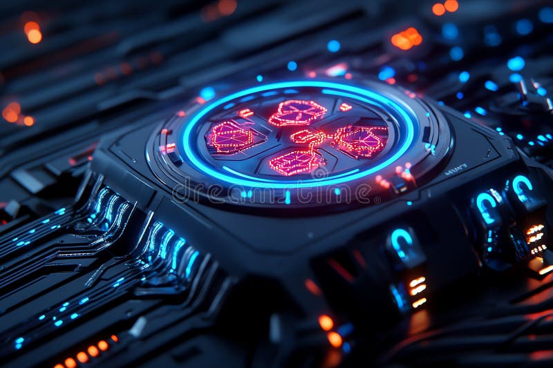 Neon color technology with LED lights and digital displays, depicted in an artwork where a futuristic device is illuminated by vector illustration
