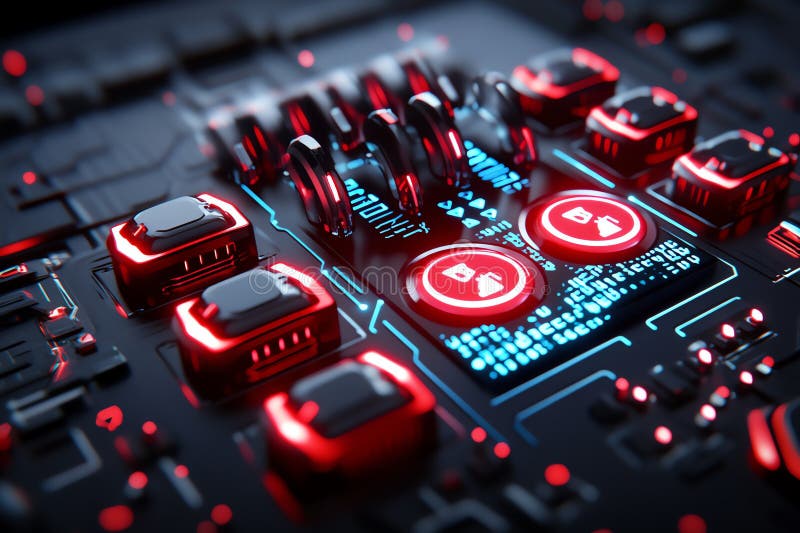 Neon color technology with LED lights and digital displays, depicted in an artwork where a futuristic device is illuminated by royalty free illustration