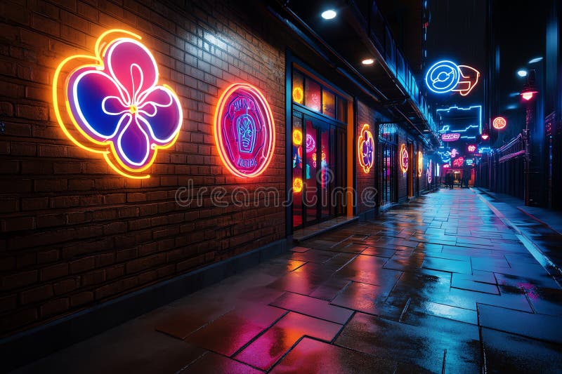 Neon color urban environment with glowing signs and street art, captured in a photo where an urban environment is lit by glowing vector illustration