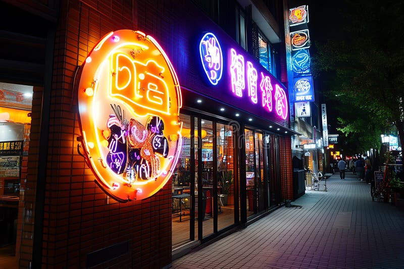 Neon color urban environment with glowing signs and street art, captured in a photo where an urban environment is lit by glowing vector illustration