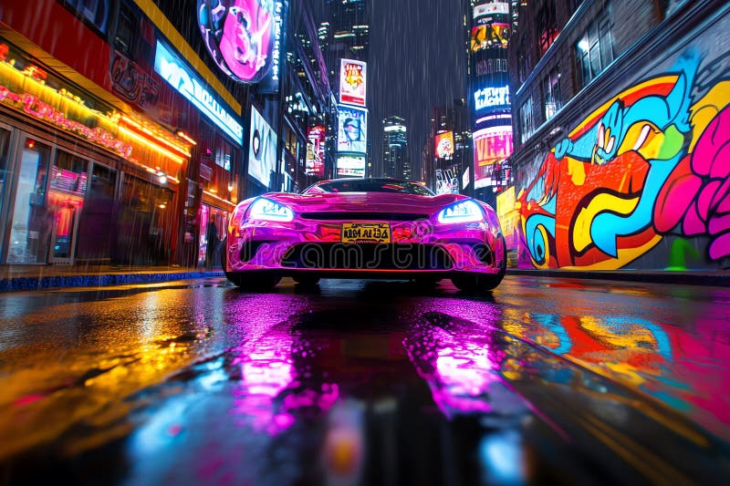 Neon color urban environment with glowing signs and street art, captured in a photo where an urban environment is lit by glowing stock illustration