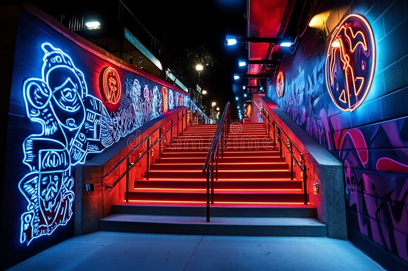 Neon color urban environment with glowing signs and street art, captured in a photo where an urban environment is lit by glowing stock illustration