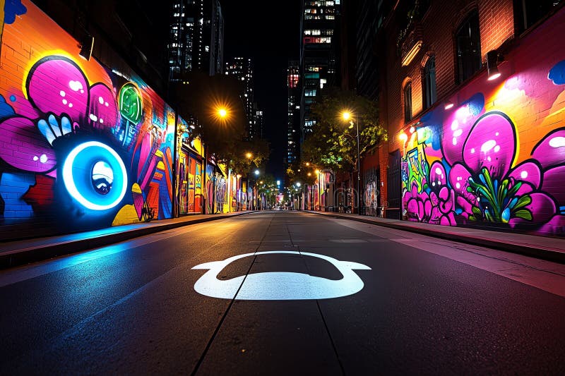 Neon color urban scene with street art and neon signs, captured in a photo where an urban street is lit by neon signs, with vector illustration