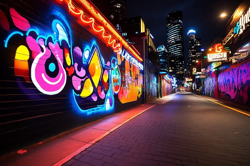 Neon color urban scene with street art and neon signs, captured in a photo where an urban street is lit by neon signs, with vector illustration