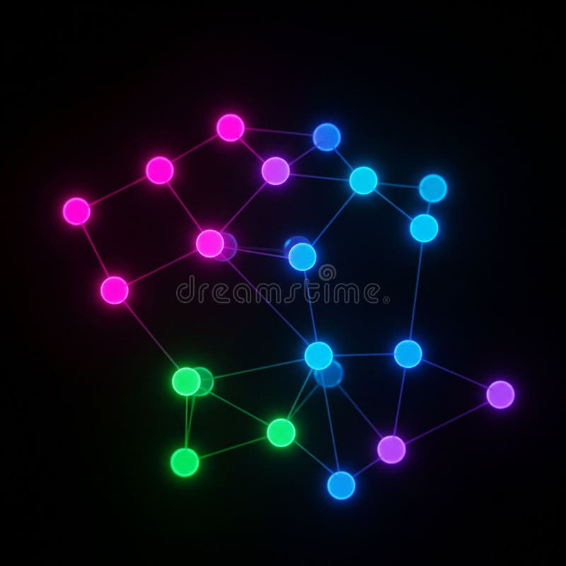 Neon-colored, interconnected nodes form a digital network against a black royalty free illustration