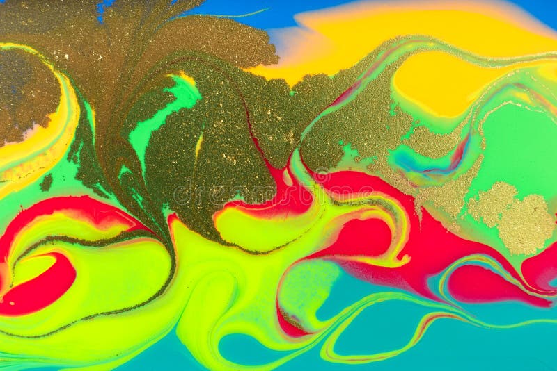 Neon Colored Marble Pattern with Golden Glitter. Fluorescent Liquid