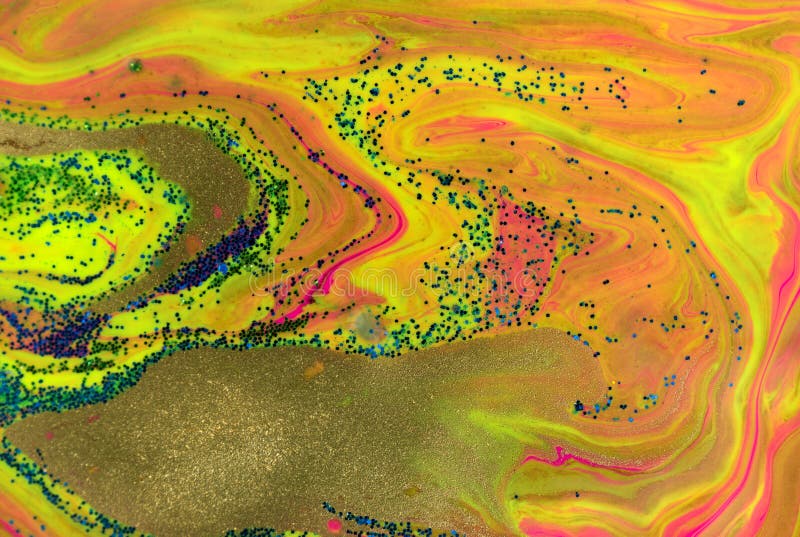 Neon Colored Marble Pattern with Golden Glitter. Fluorescent Liquid