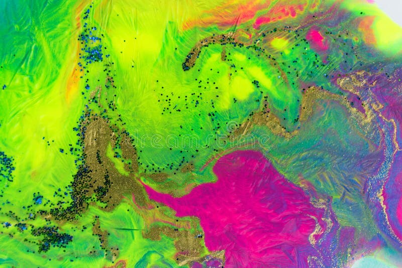 Neon Colored Marble Pattern with Golden Glitter. Fluorescent Liquid