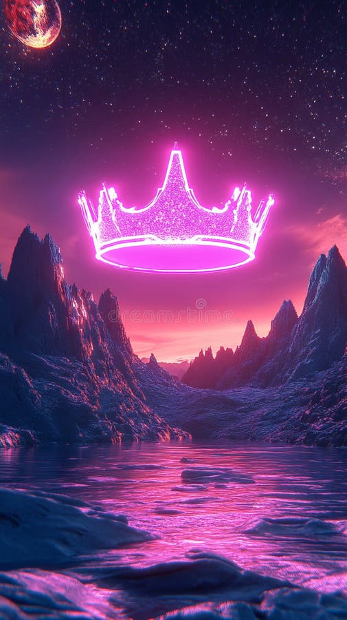 Neon Crown dryfuje nad mistycznym krajobrazem z gwiezdnym niebem royalty ilustracja