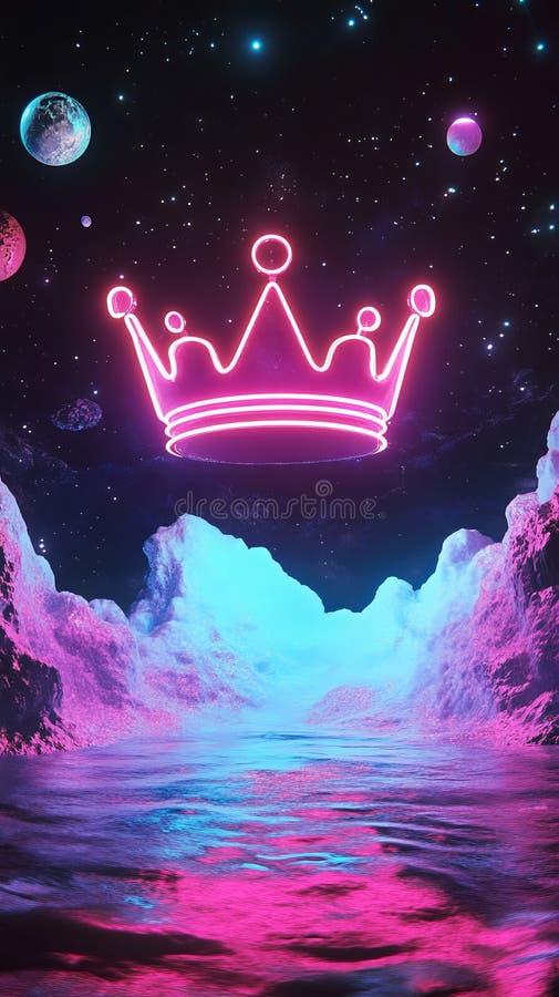 Neon Crown w kosmicznym krajobrazie z żywymi kolorami ilustracji