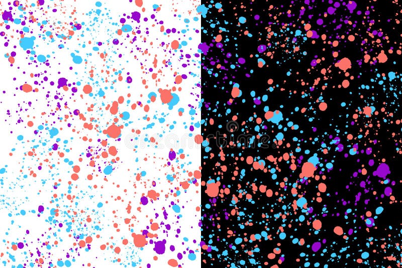Neon cyan, purple and coral random round paint splashes on black and white background. Abstract colorful texture royalty free illustration