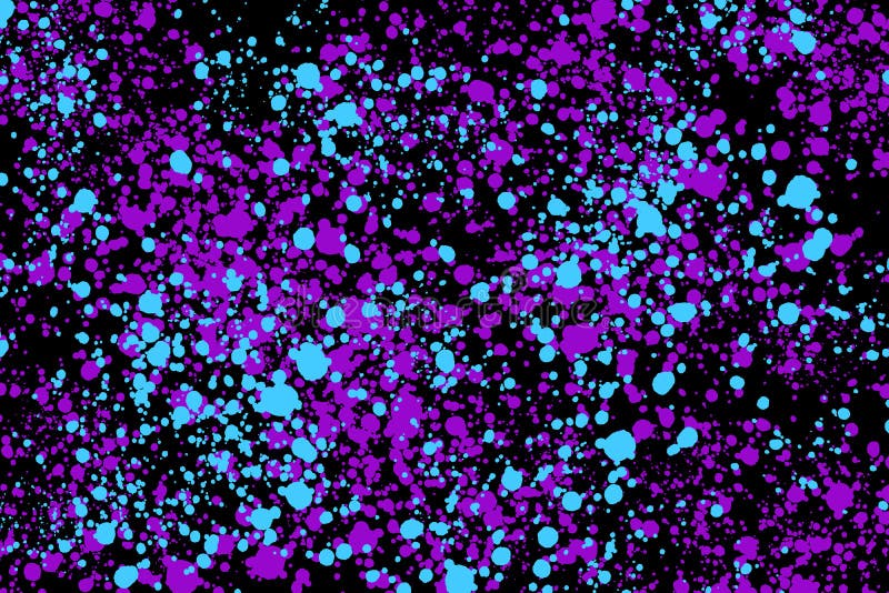 Neon cyan and purple random round paint splashes on black background. Abstract colorful texture