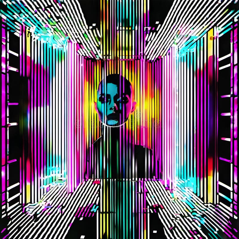 Neon Cyber Silhouette in Abstract Light Tunnel stock photography