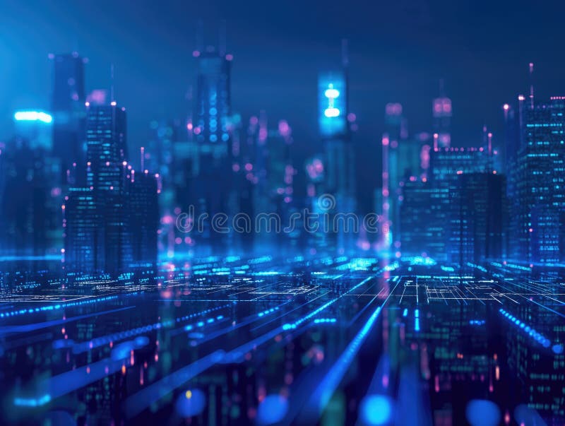 Neon cybernetic cityscape med digital anslutning vektor illustrationer