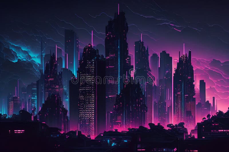 Cyberpunk City landscape with a sunset, Ai Generated Cyberpunk Wallpaper/ Background, Stock Illustration