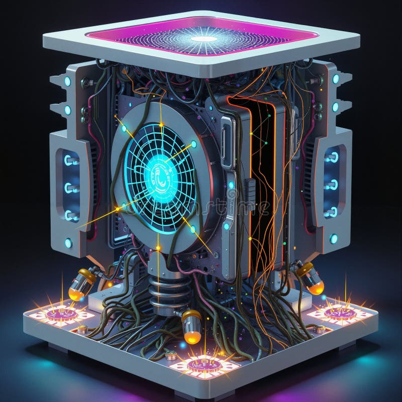 Neon Cyberpunk Computing Core. A futuristic technological cube device featuring cyberpunk aesthetics. The cube has a transparent side revealing complex internal machinery, including a prominent circular fan with blue neon lighting. The device has multiple wiring harnesses in various colors (orange, purple, and green) running throughout. The top and bottom surfaces display pink-magenta geometric patterns with radiating light effects. Small amber-colored LED or light fixtures are mounted on the corners, and cyan accent lights dot the sides. The overall design suggests a high-tech cooling or computing device with a strong emphasis on aesthetic appeal, combining industrial functionality with sci-fi design elements. AI generated