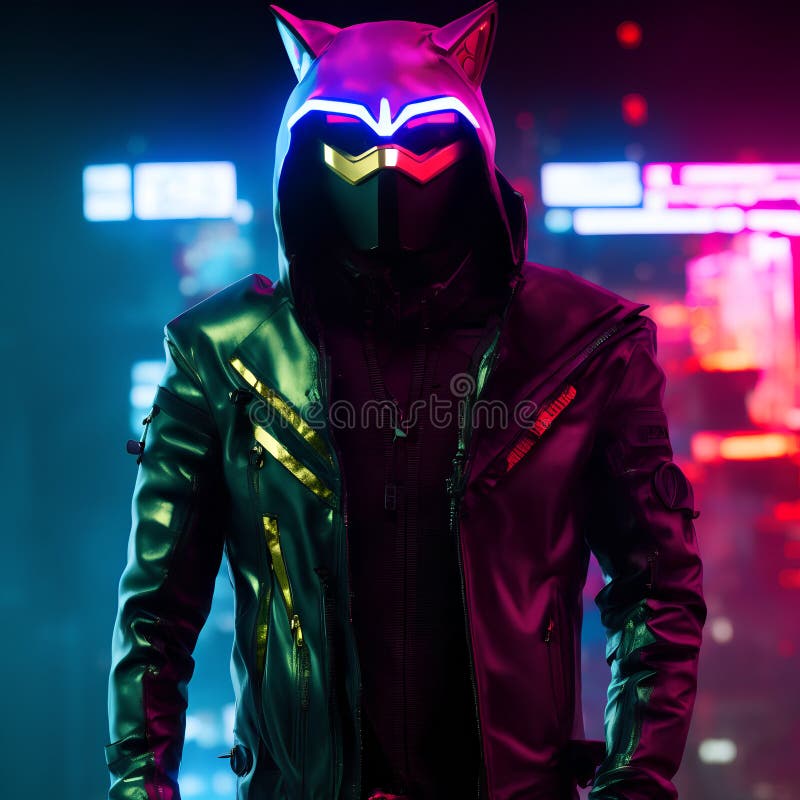Neon Cyberpunk Black Hooded Character Red Neon Eyes Background Ai