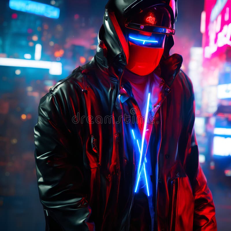 Neon Cyberpunk schwarz Kapuze roter Neonaugen Hintergrund ai generative Kunst stock abbildung