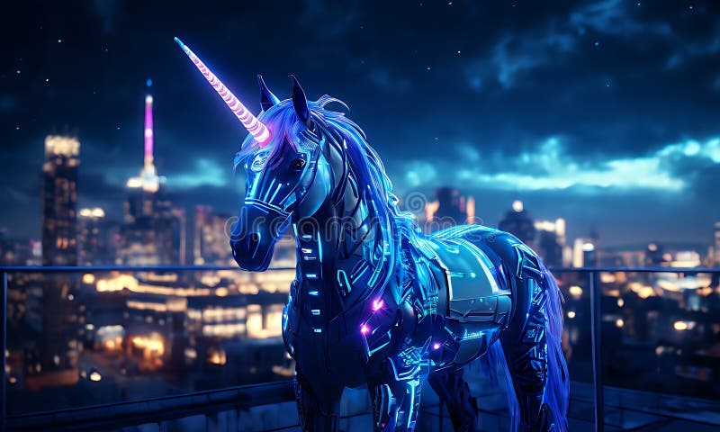 A neon cyberpunk unicorn with glowing circuit patterns on its body. vector illustration