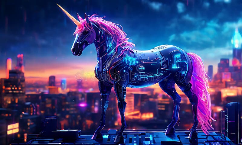 A neon cyberpunk unicorn with glowing circuit patterns on its body. vector illustration