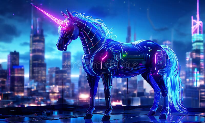 A neon cyberpunk unicorn with glowing circuit patterns on its body. vector illustration