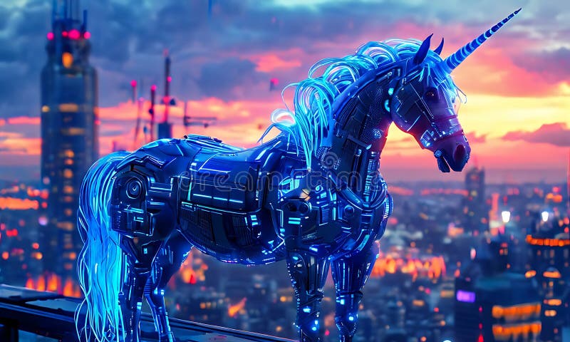 A neon cyberpunk unicorn with glowing circuit patterns on its body. royalty free illustration