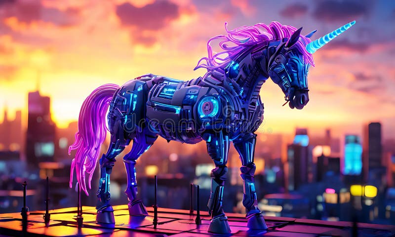 A neon cyberpunk unicorn with glowing circuit patterns on its body. vector illustration