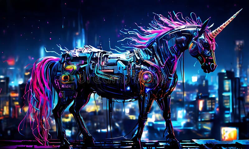A neon cyberpunk unicorn with glowing circuit patterns on its body. royalty free illustration