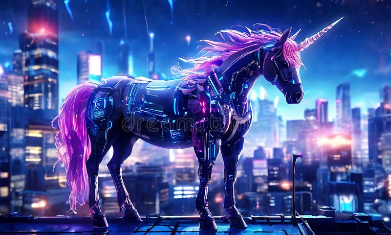 A neon cyberpunk unicorn with glowing circuit patterns on its body. vector illustration