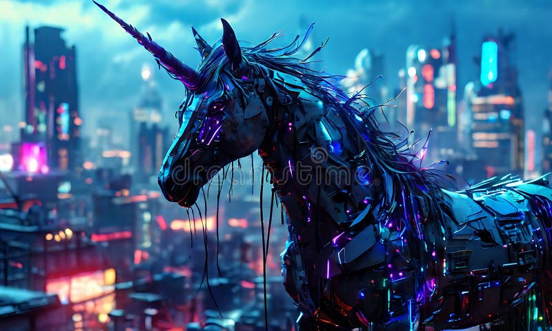 A neon cyberpunk unicorn with glowing circuit patterns on its body. royalty free illustration
