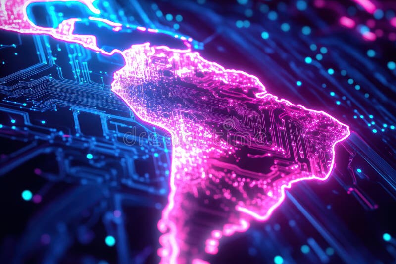 Neon Digital Map of South America with Circuit Board Design, AI ...
