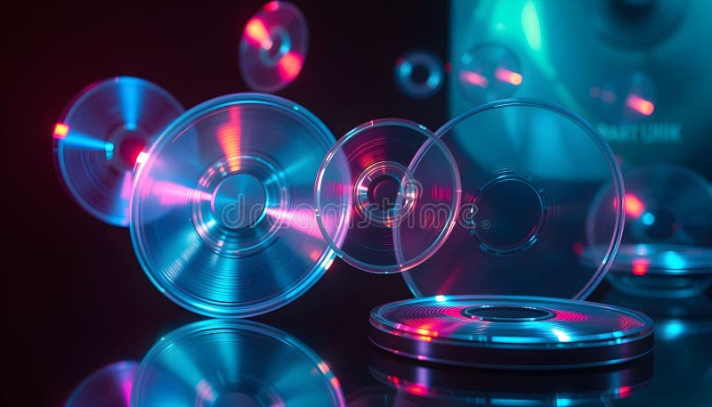 Neon Disks: A Vibrant Exploration of Light and Reflection. An abstract image featuring several transparent disks illuminated by neon lighting