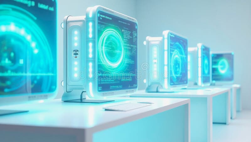 Futuristic computers glowing in a high-tech workspace royalty free stock image