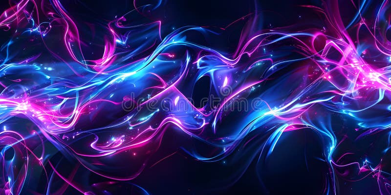 Neon Dreams : Abstraktes Blau und violette Lichter auf schwarzem kosmischem Glanz : Blaue Neonleuchten auf dunklen CanvasAigenerie stock abbildung