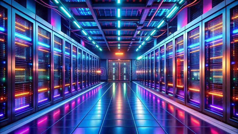 Neon Dreams Ein futuristisches Rechenzentrum, beleuchtet von lebendigen Farbtönen, KI-generiert vektor abbildung