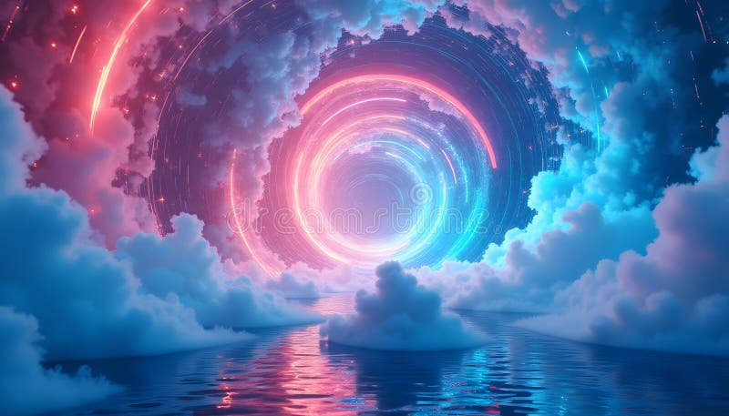 Neon Dreamscape : Niebiański wir nad spokojnymi wodami ilustracji