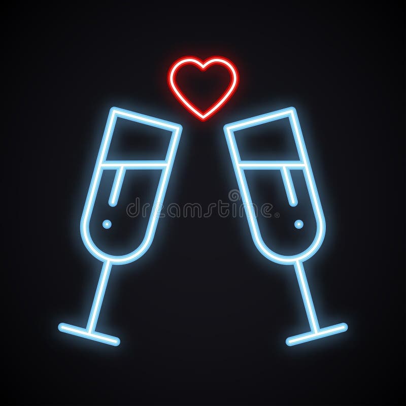 Neon drink in two glasses. Bright toast sign. Cocktails, binge, champagne, wine, theme. Light glowing alcohol symbol.