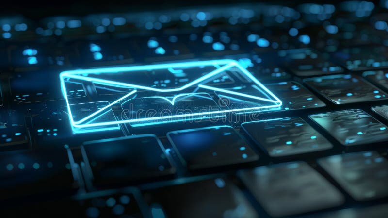 Neon email icon on a computer keyboard. stock photo