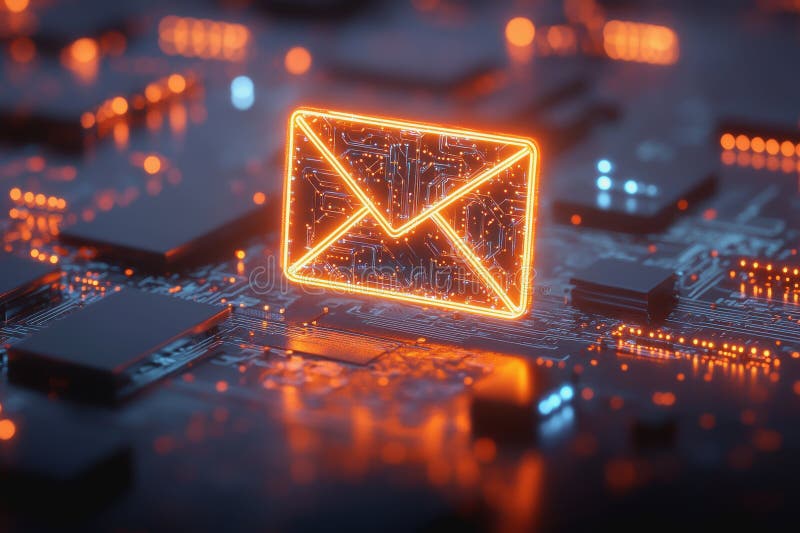 Neon email icon floating above intricate circuits, representing digital communication technology royalty free stock image