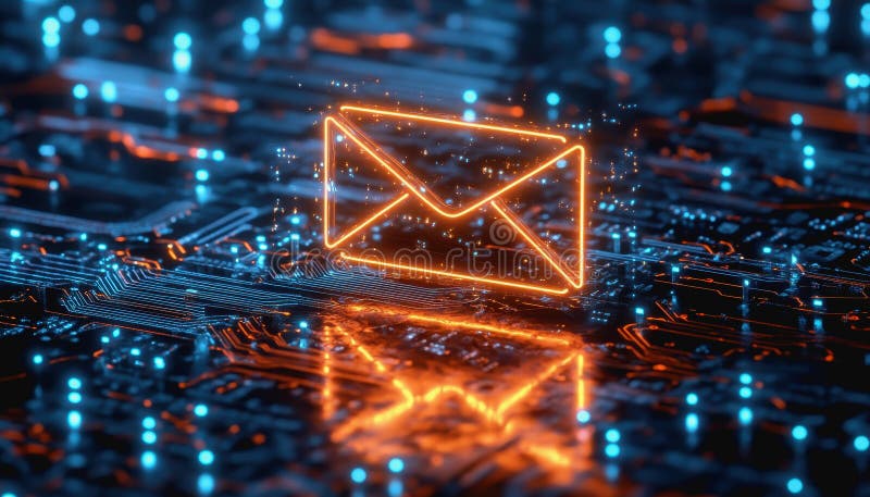 Neon email icon floating above intricate circuits, representing digital communication technology stock images