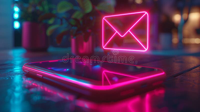 Neon email icon hovering above a smartphone on a table. stock photography